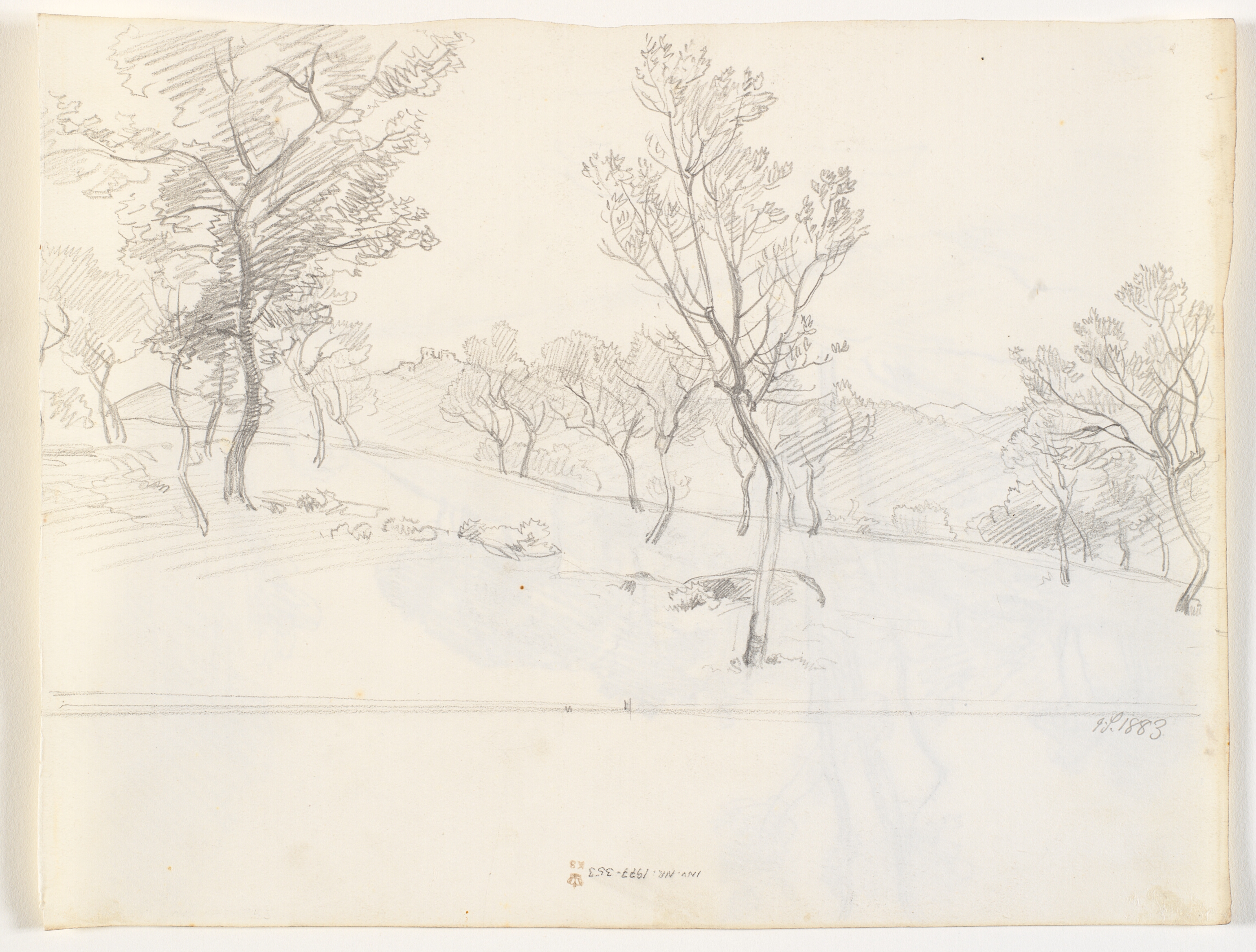 Italiensk landskab med spredte træer, i baggrunden bjerge